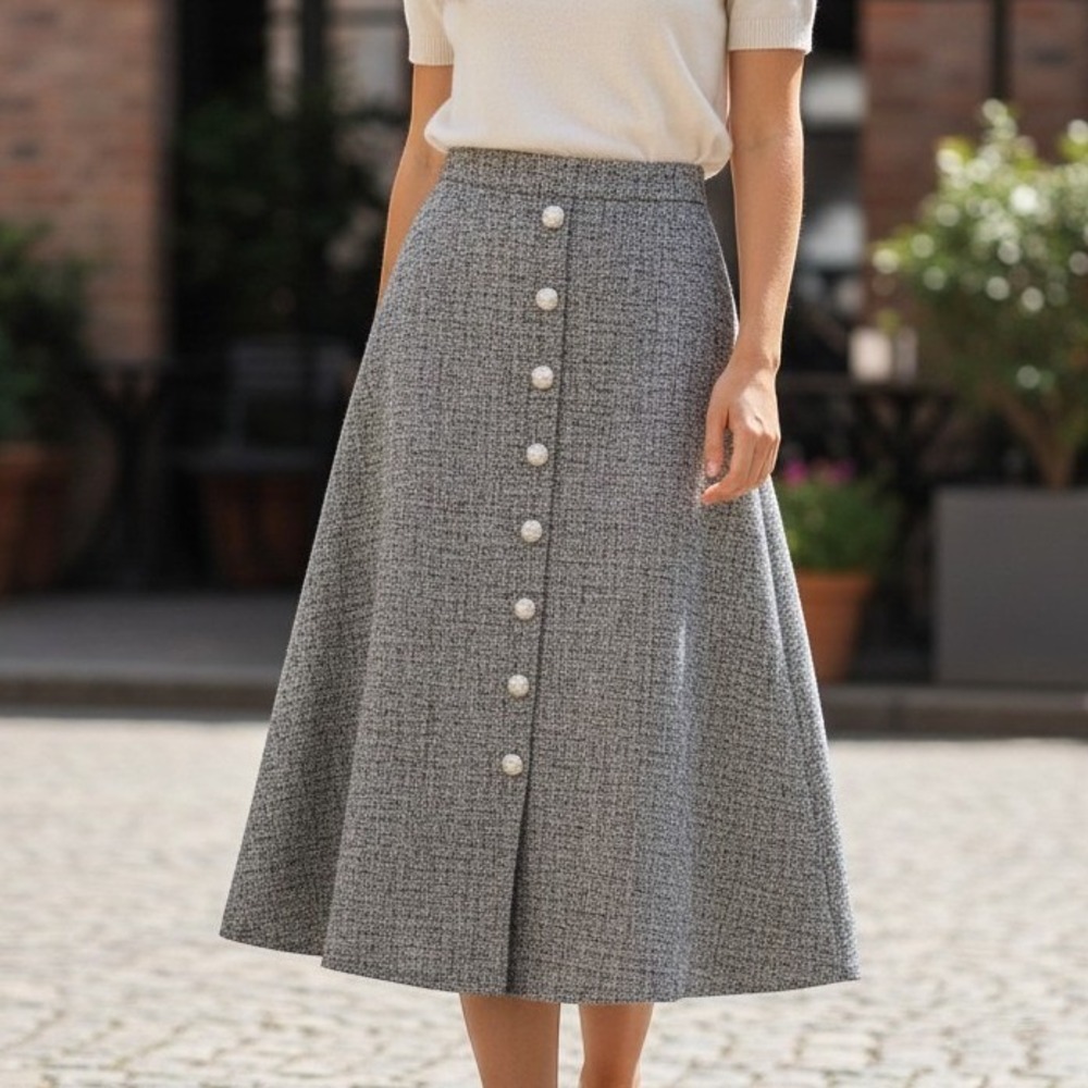 H Hanqueen Gray Tweed A-Line Skirt Pearl Button High Waist Vintage Style Size S